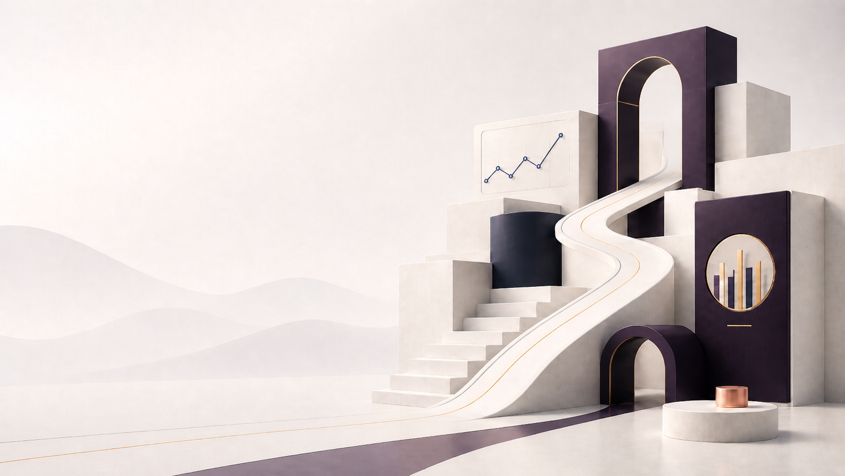 Architectural treasury illustration — stairways, arches, and upward growth chart